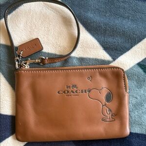 Coach Tan Leather Wristlet with Snoopy Motif